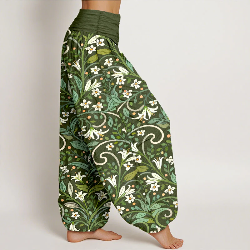 Pantaloni harem da donna con elastico in vita, in puro cotone, con motivo a foglie di giglio e petali, modello Buddha Stones - Image 8