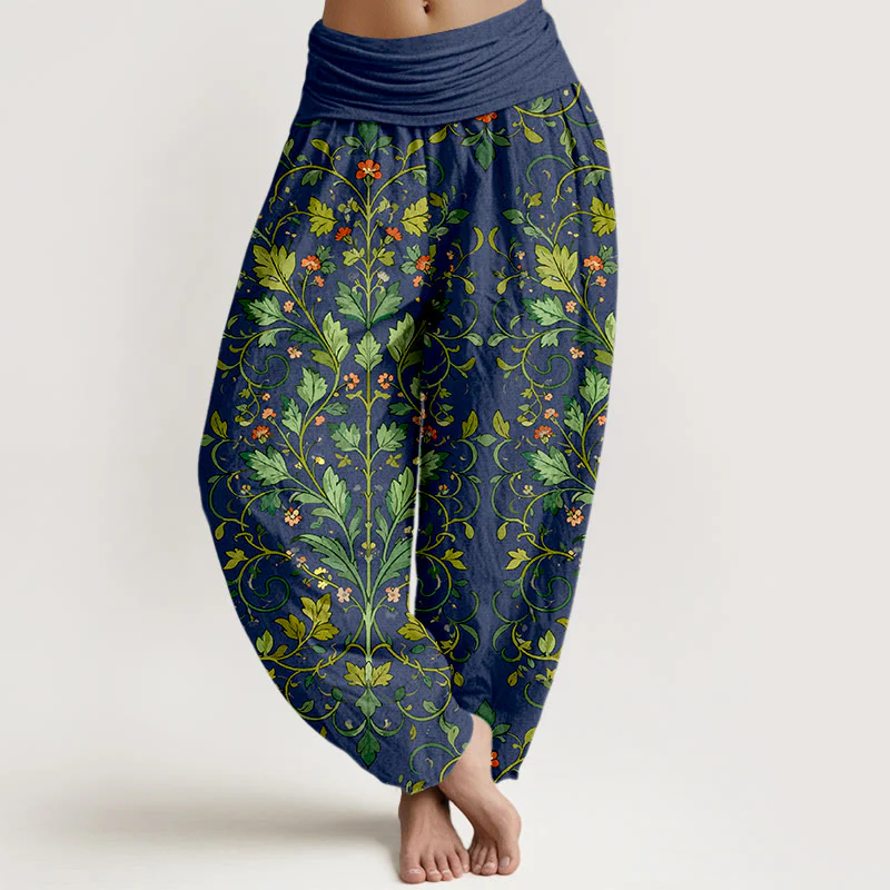 Pantaloni harem da donna con elastico in vita, in puro cotone, con motivo a foglie simmetriche classiche, motivo Buddha Stones