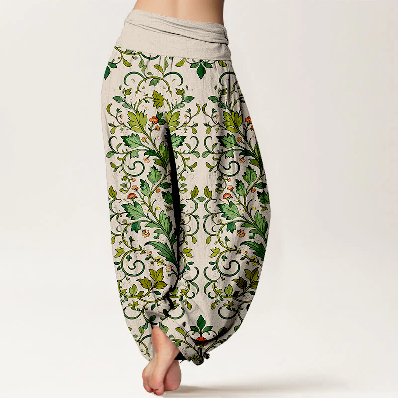 Pantaloni harem da donna con elastico in vita, in puro cotone, con motivo a foglie simmetriche classiche, motivo Buddha Stones - Image 10