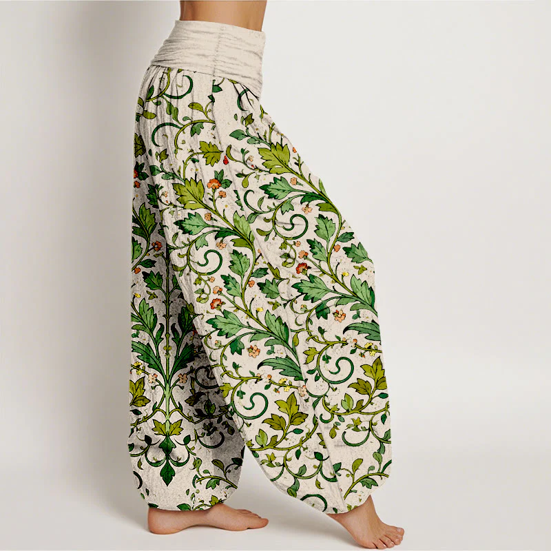 Pantaloni harem da donna con elastico in vita, in puro cotone, con motivo a foglie simmetriche classiche, motivo Buddha Stones - Image 11