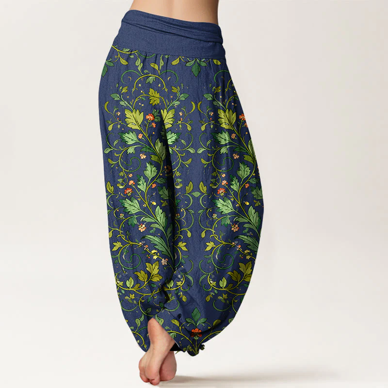 Pantaloni harem da donna con elastico in vita, in puro cotone, con motivo a foglie simmetriche classiche, motivo Buddha Stones - Image 2