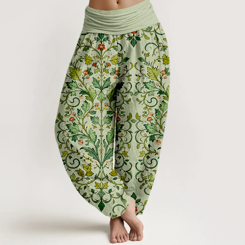 Pantaloni harem da donna con elastico in vita, in puro cotone, con motivo a foglie simmetriche classiche, motivo Buddha Stones - Image 6