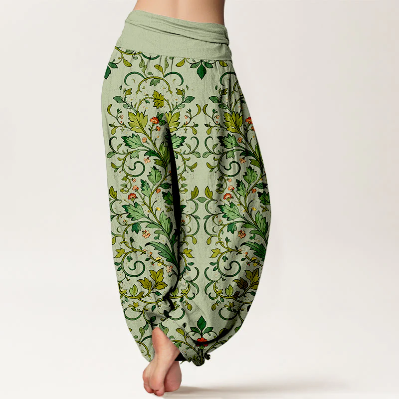 Pantaloni harem da donna con elastico in vita, in puro cotone, con motivo a foglie simmetriche classiche, motivo Buddha Stones - Image 7