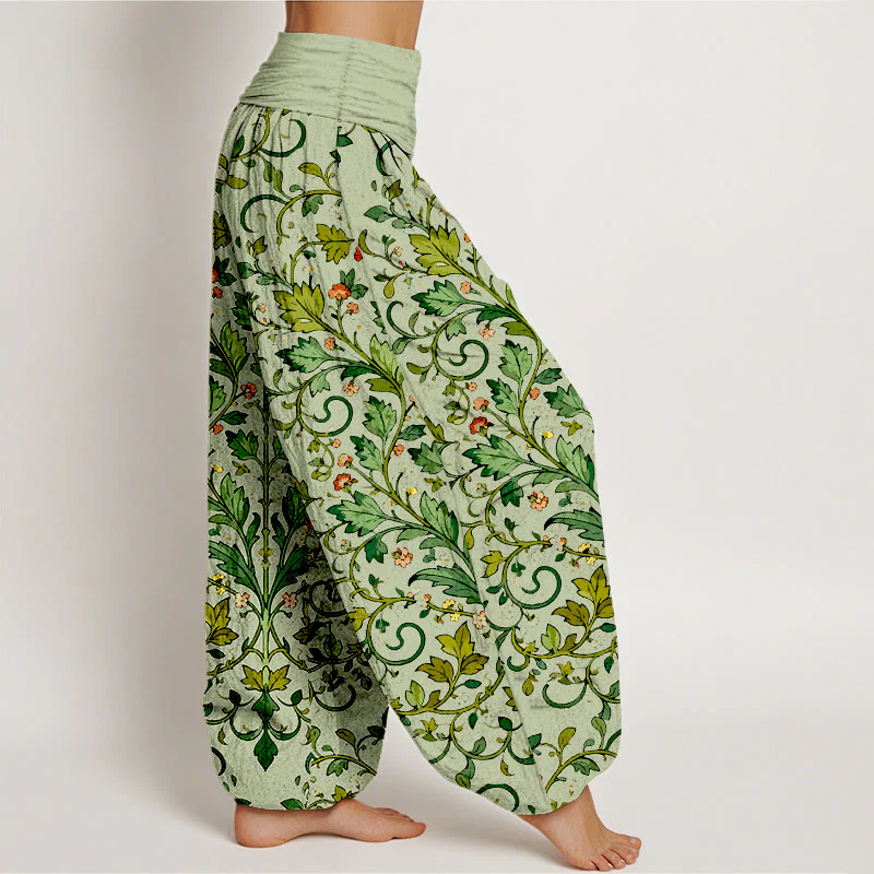 Pantaloni harem da donna con elastico in vita, in puro cotone, con motivo a foglie simmetriche classiche, motivo Buddha Stones - Image 8