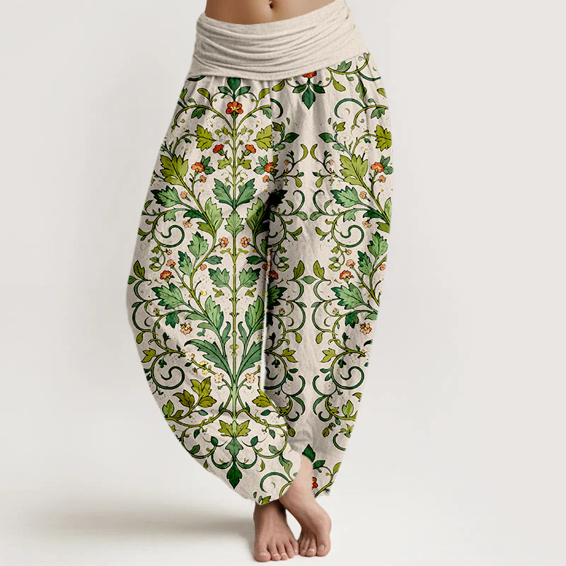 Pantaloni harem da donna con elastico in vita, in puro cotone, con motivo a foglie simmetriche classiche, motivo Buddha Stones - Image 9