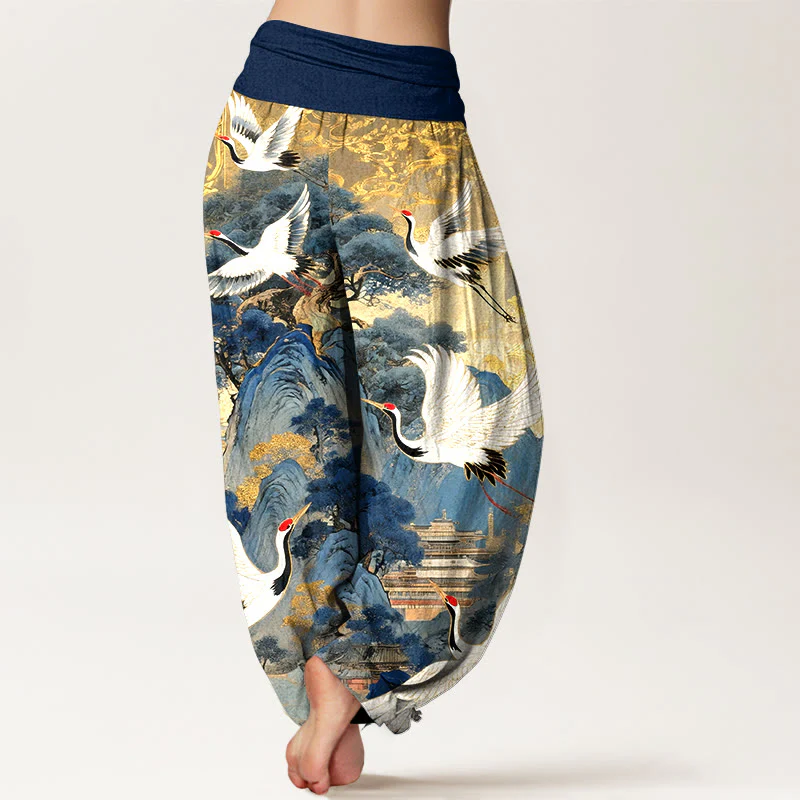 Pantaloni harem da donna con elastico in vita, in puro cotone, con motivo a gru e pino di montagna, modello Buddha Stones - Image 2
