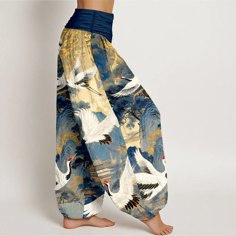Pantaloni harem da donna con elastico in vita, in puro cotone, con motivo a gru e pino di montagna, modello Buddha Stones - Image 3