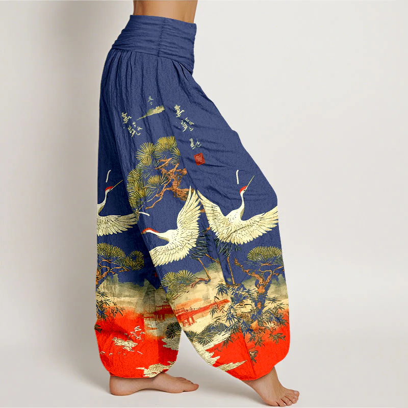 Pantaloni harem da donna con elastico in vita, in puro cotone, con motivo a gru e pino, modello Buddha Stones - Image 11