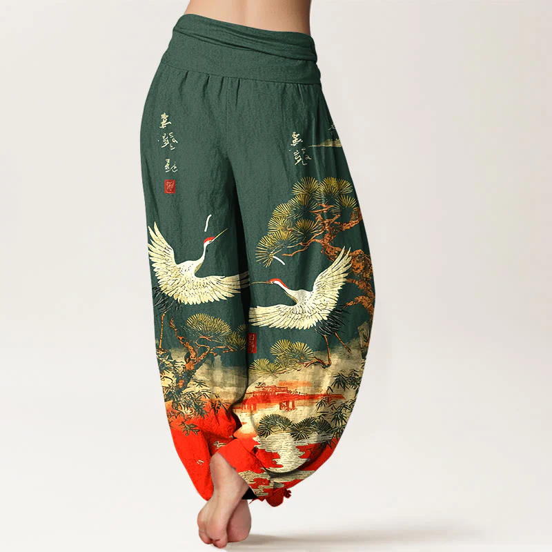 Pantaloni harem da donna con elastico in vita, in puro cotone, con motivo a gru e pino, modello Buddha Stones - Image 2