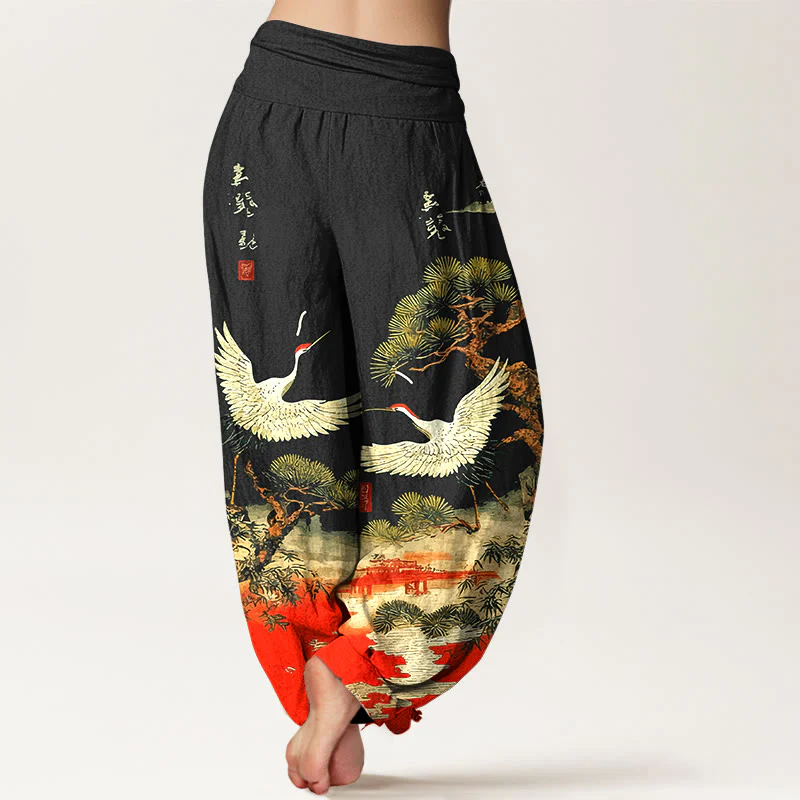 Pantaloni harem da donna con elastico in vita, in puro cotone, con motivo a gru e pino, modello Buddha Stones - Image 7