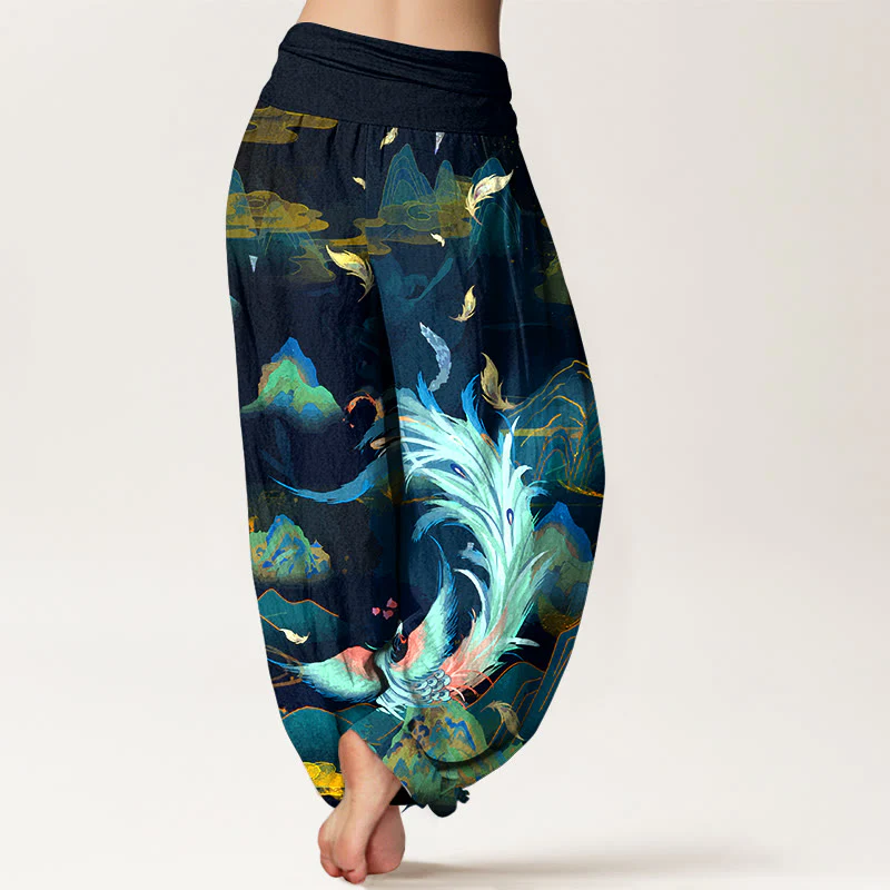 Pantaloni harem da donna con elastico in vita, in puro cotone, con motivo a nuvola e montagna di fenice , Buddha Stones - Image 2
