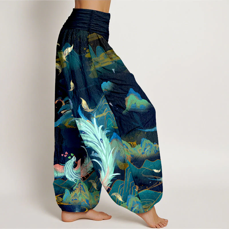 Pantaloni harem da donna con elastico in vita, in puro cotone, con motivo a nuvola e montagna di fenice , Buddha Stones - Image 3