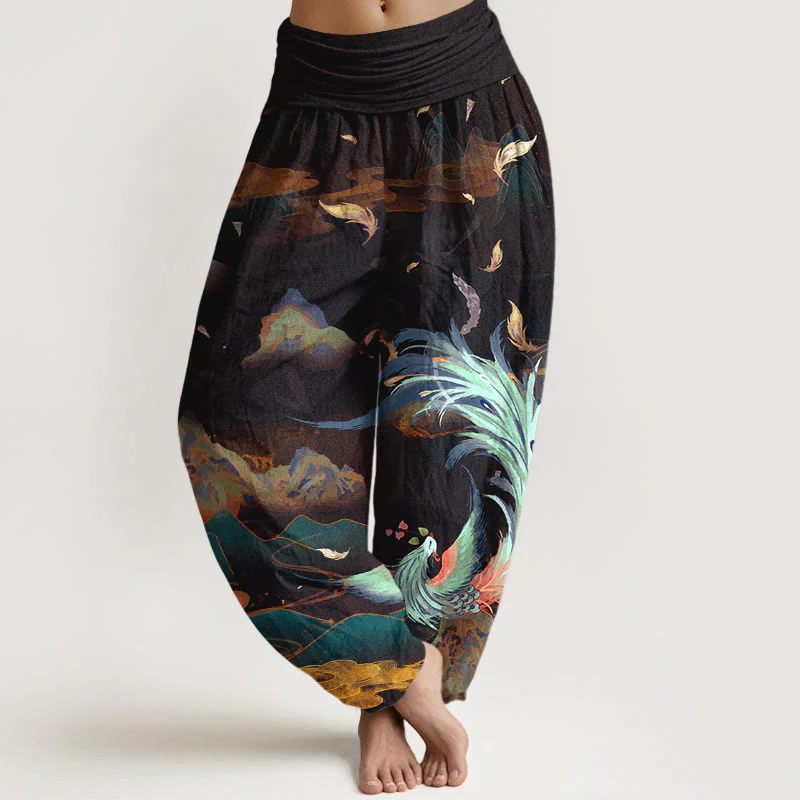 Pantaloni harem da donna con elastico in vita, in puro cotone, con motivo a nuvola e montagna di fenice , Buddha Stones - Image 6
