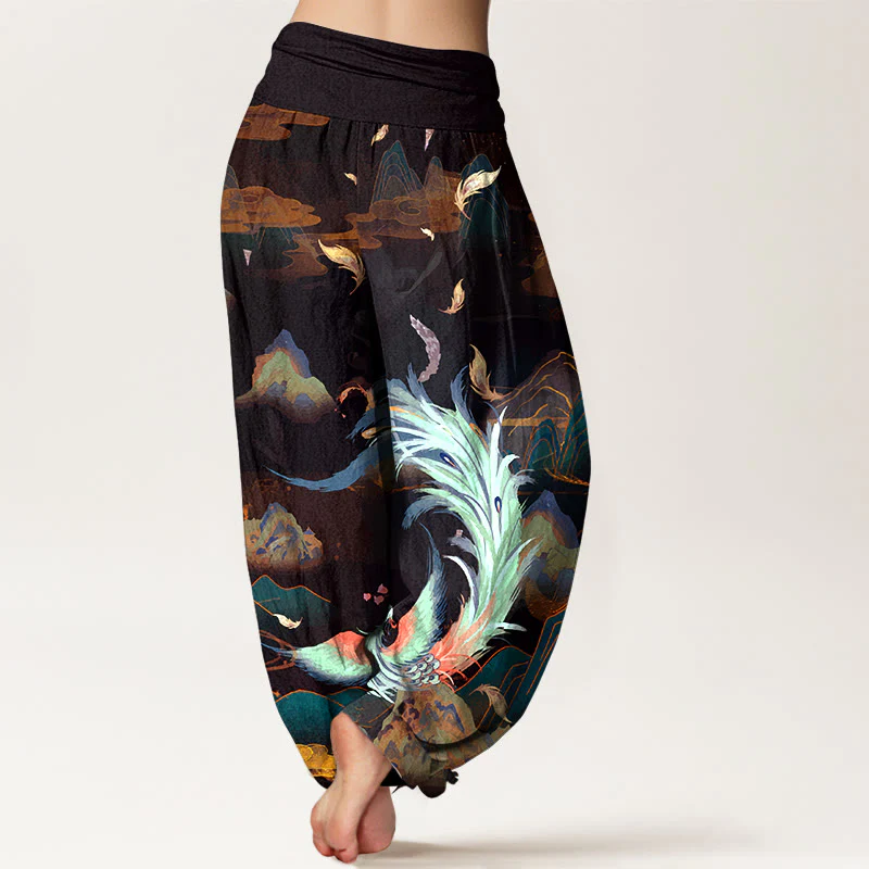 Pantaloni harem da donna con elastico in vita, in puro cotone, con motivo a nuvola e montagna di fenice , Buddha Stones - Image 7
