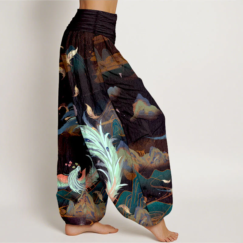 Pantaloni harem da donna con elastico in vita, in puro cotone, con motivo a nuvola e montagna di fenice , Buddha Stones - Image 8