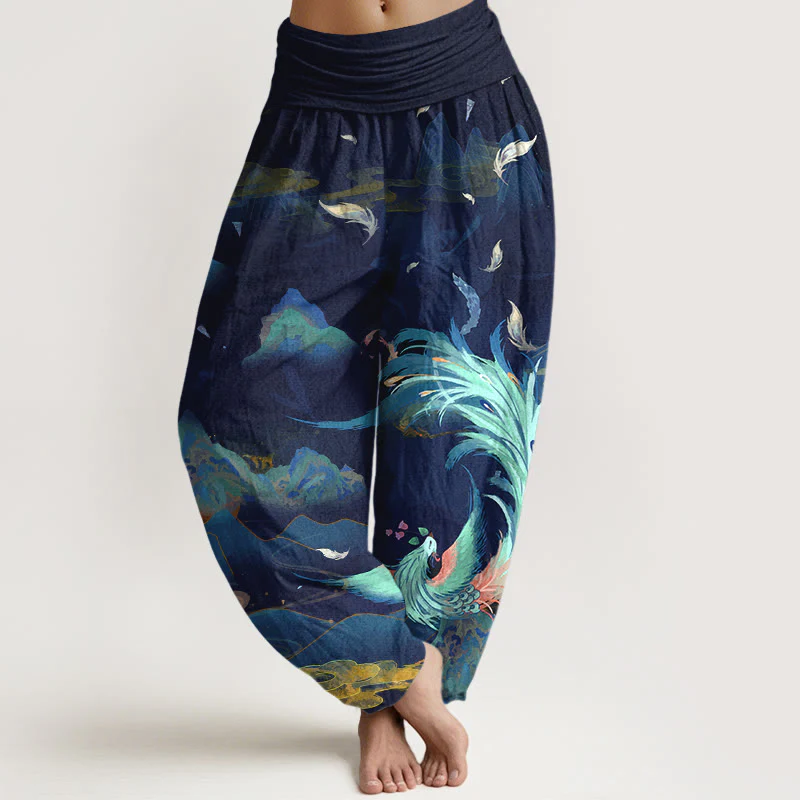 Pantaloni harem da donna con elastico in vita, in puro cotone, con motivo a nuvola e montagna di fenice , Buddha Stones - Image 9