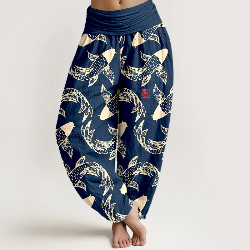 Pantaloni harem da donna con elastico in vita, in puro cotone, con motivo a pesci koi che nuotano, Buddha Stones