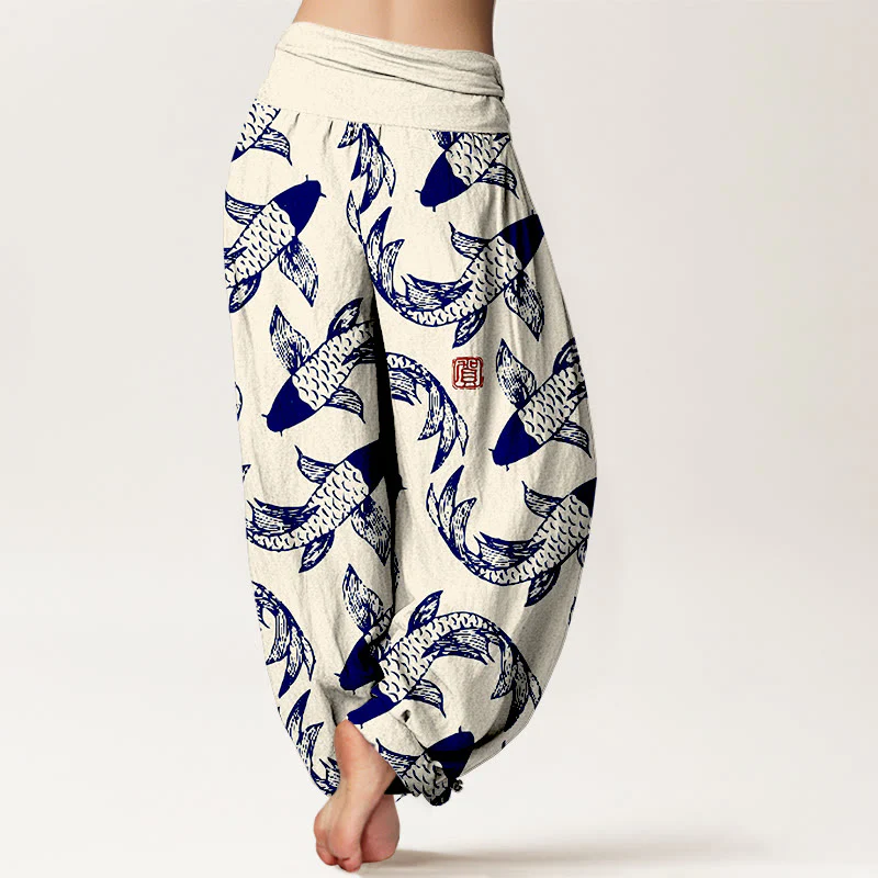 Pantaloni harem da donna con elastico in vita, in puro cotone, con motivo a pesci koi che nuotano, Buddha Stones - Image 10