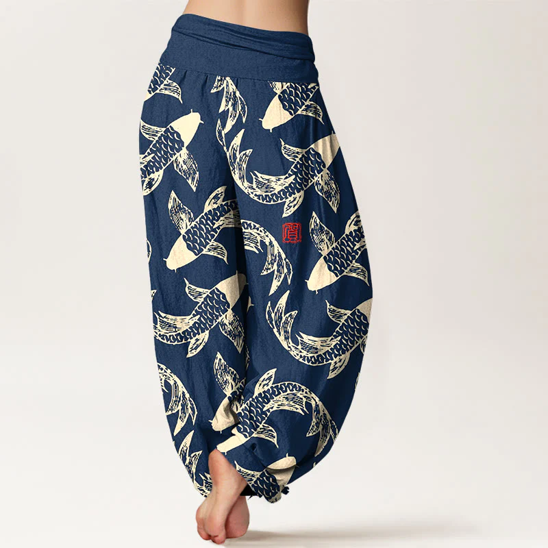 Pantaloni harem da donna con elastico in vita, in puro cotone, con motivo a pesci koi che nuotano, Buddha Stones - Image 2