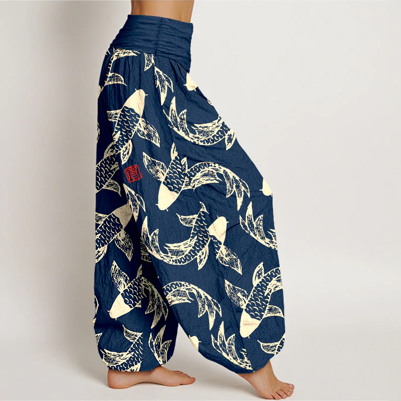Pantaloni harem da donna con elastico in vita, in puro cotone, con motivo a pesci koi che nuotano, Buddha Stones - Image 3