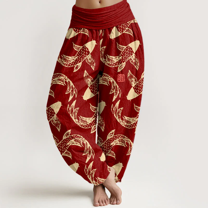 Pantaloni harem da donna con elastico in vita, in puro cotone, con motivo a pesci koi che nuotano, Buddha Stones - Image 6