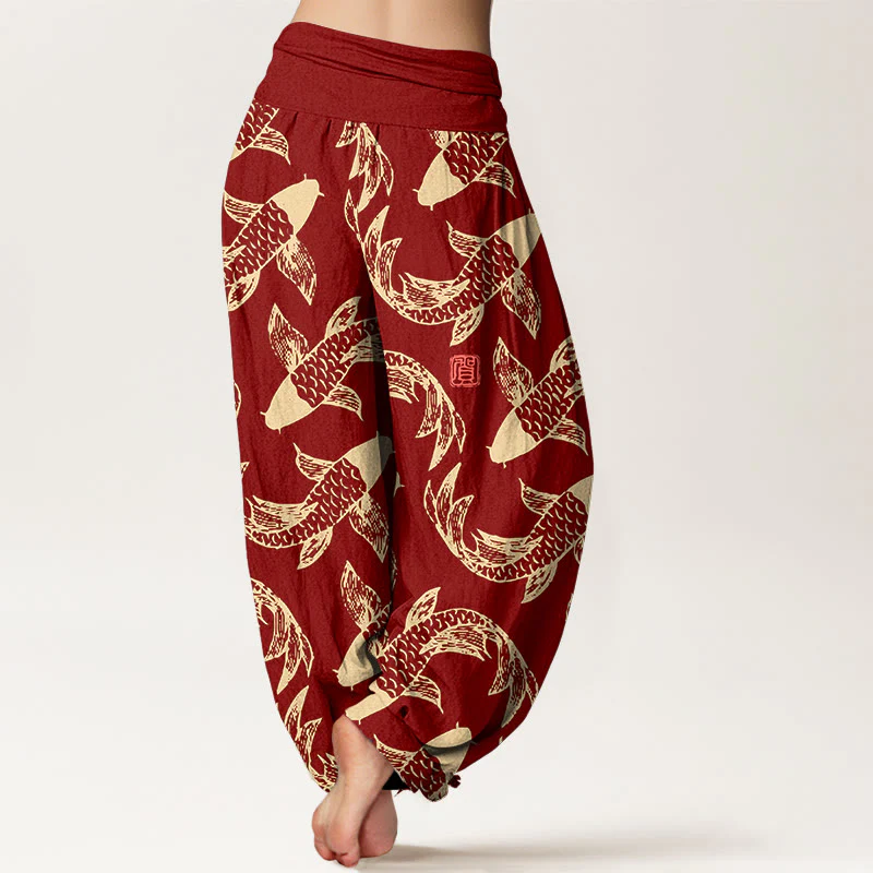 Pantaloni harem da donna con elastico in vita, in puro cotone, con motivo a pesci koi che nuotano, Buddha Stones - Image 7