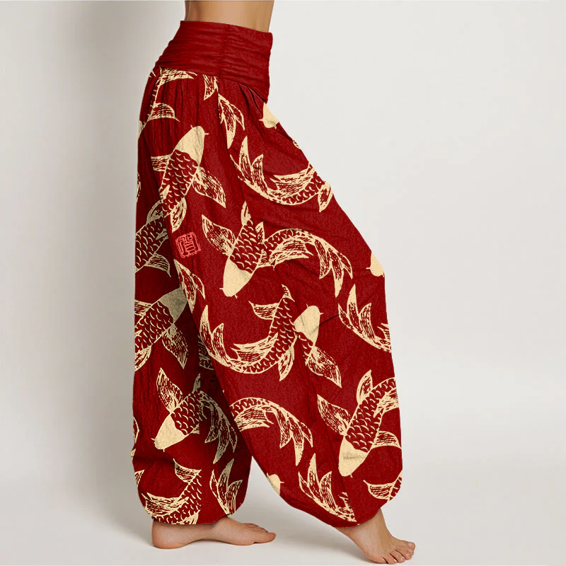 Pantaloni harem da donna con elastico in vita, in puro cotone, con motivo a pesci koi che nuotano, Buddha Stones - Image 8