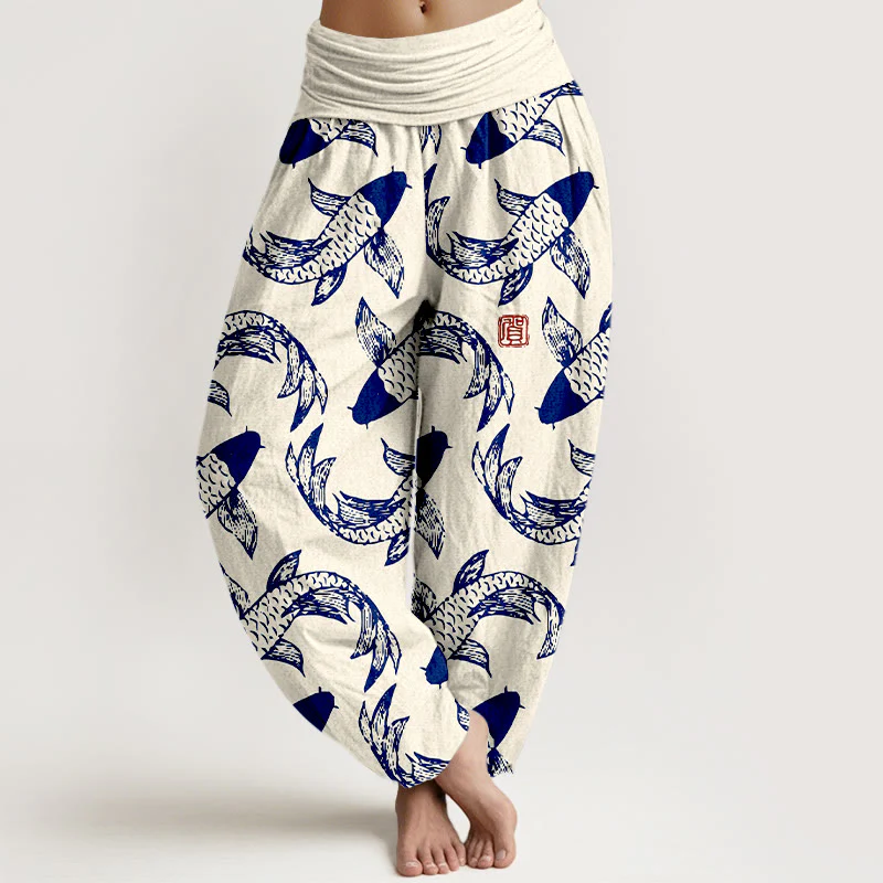 Pantaloni harem da donna con elastico in vita, in puro cotone, con motivo a pesci koi che nuotano, Buddha Stones - Image 9