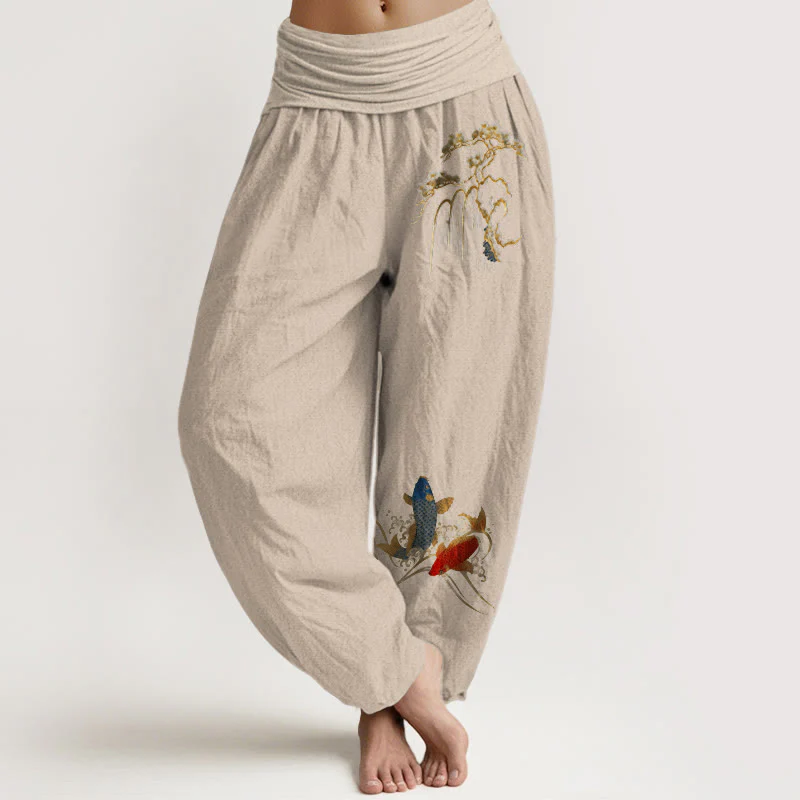 Pantaloni harem da donna con elastico in vita, in puro cotone, con motivo a pesci koi e albero di pino Buddha Stones - Image 12