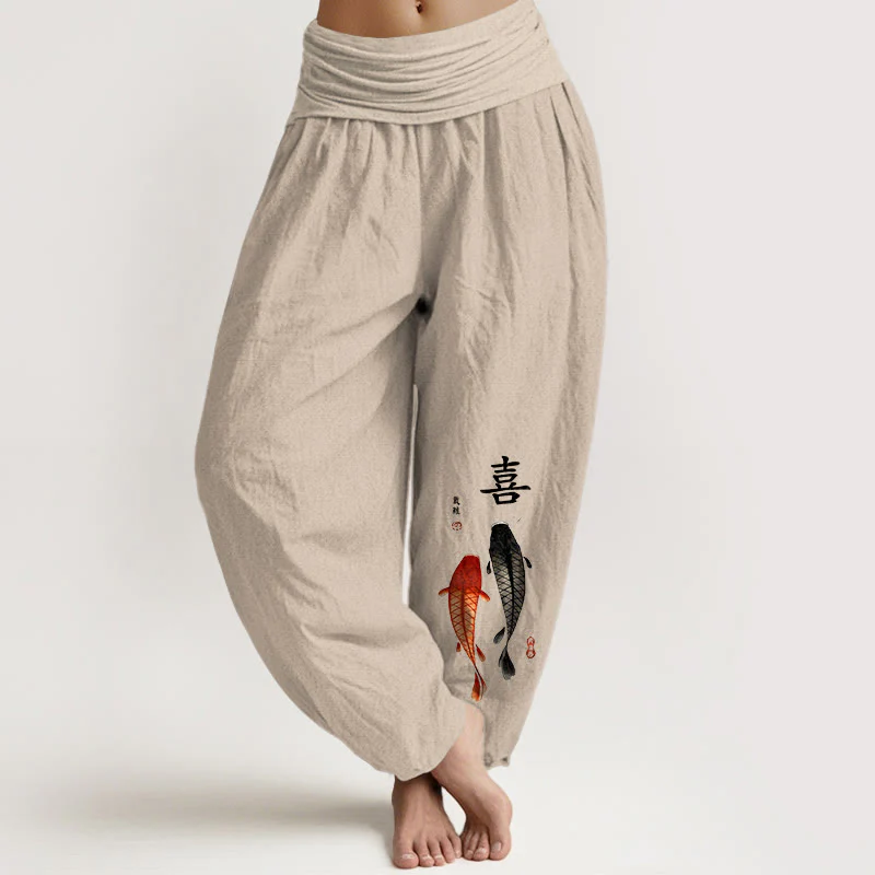 Pantaloni harem da donna con elastico in vita, in puro cotone, con motivo a pesci koi e caratteri cinesi, modello Buddha Stones