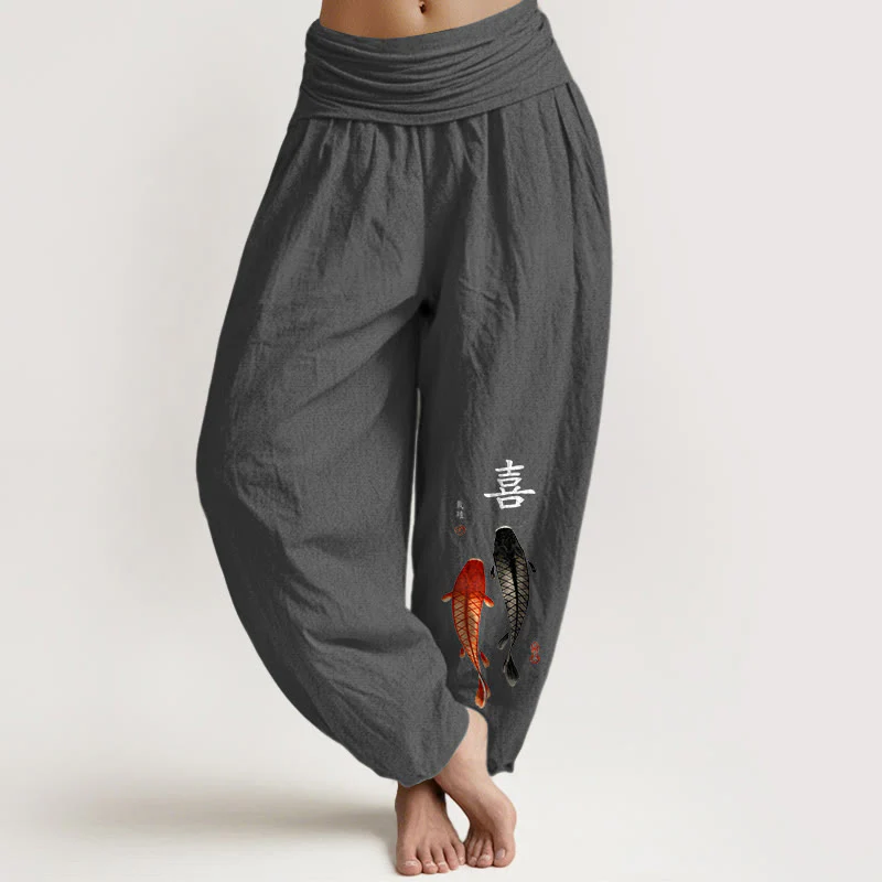 Pantaloni harem da donna con elastico in vita, in puro cotone, con motivo a pesci koi e caratteri cinesi, modello Buddha Stones - Image 12