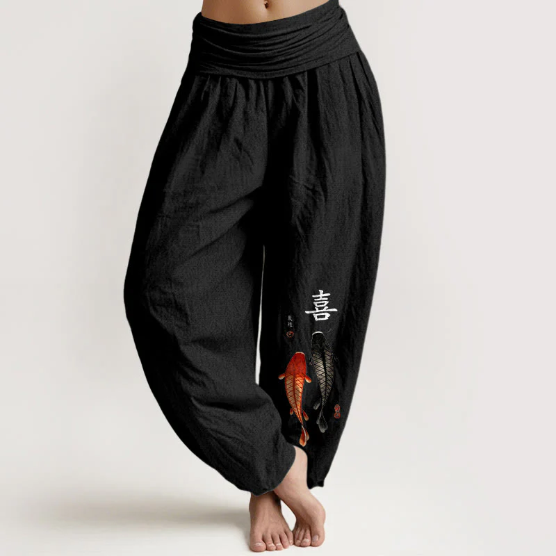 Pantaloni harem da donna con elastico in vita, in puro cotone, con motivo a pesci koi e caratteri cinesi, modello Buddha Stones - Image 6