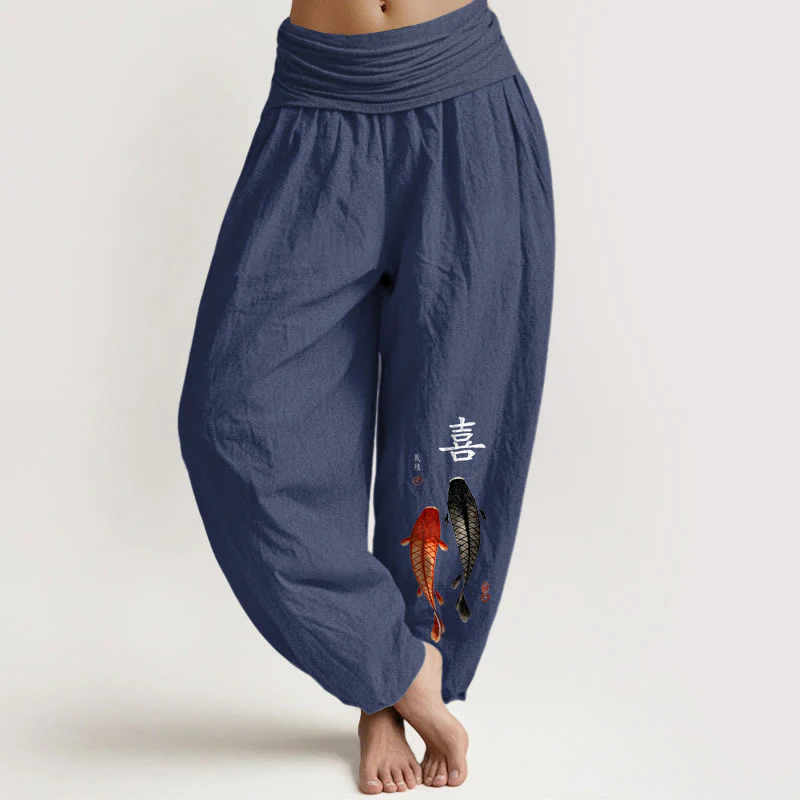 Pantaloni harem da donna con elastico in vita, in puro cotone, con motivo a pesci koi e caratteri cinesi, modello Buddha Stones - Image 9