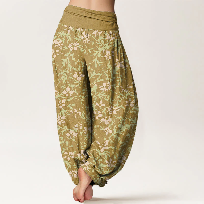 Pantaloni harem da donna con elastico in vita, in puro cotone, con motivo astratto di fiori e foglie, motivo Buddha Stones - Image 2