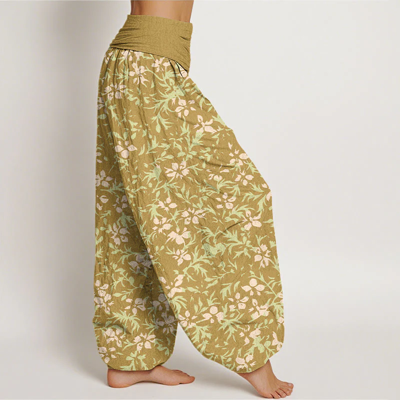 Pantaloni harem da donna con elastico in vita, in puro cotone, con motivo astratto di fiori e foglie, motivo Buddha Stones - Image 3