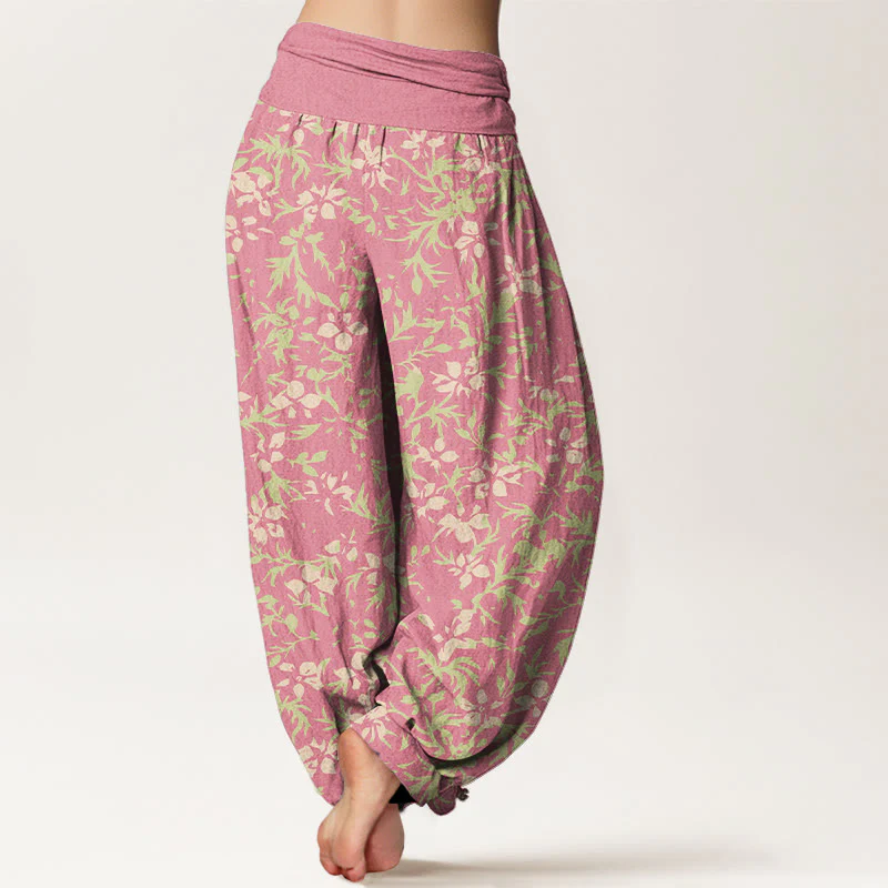 Pantaloni harem da donna con elastico in vita, in puro cotone, con motivo astratto di fiori e foglie, motivo Buddha Stones - Image 7