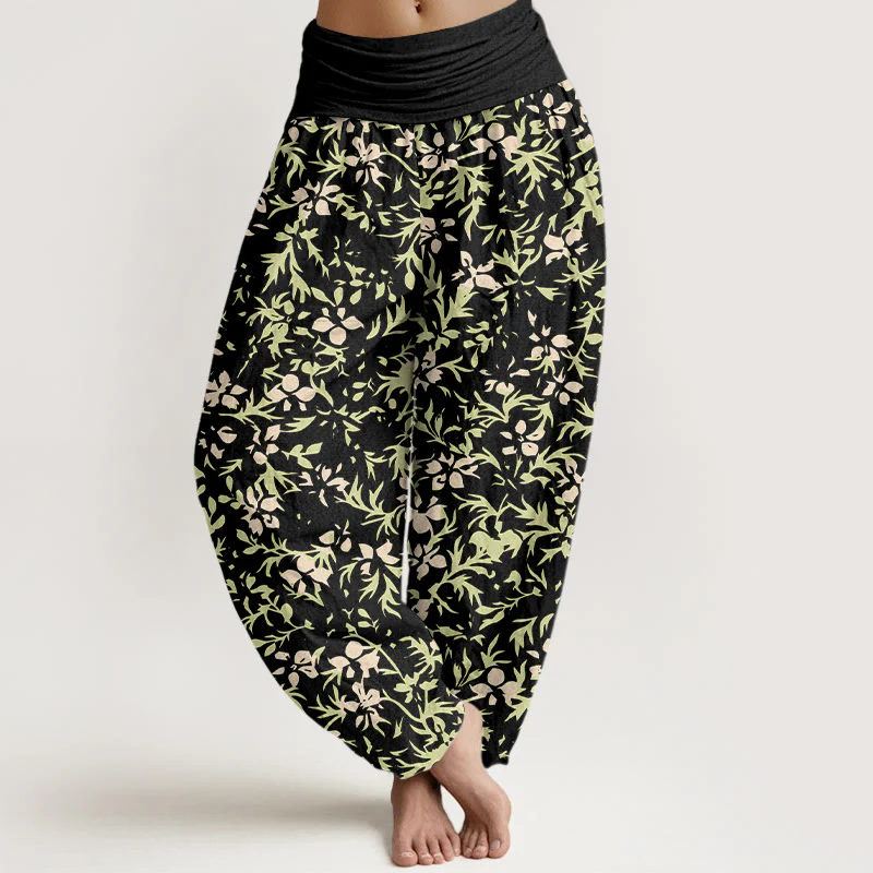 Pantaloni harem da donna con elastico in vita, in puro cotone, con motivo astratto di fiori e foglie, motivo Buddha Stones - Image 9