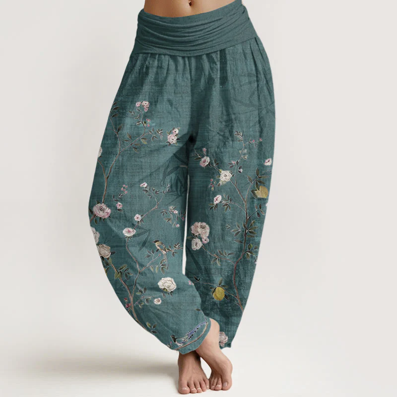 Pantaloni harem da donna con elastico in vita, in puro cotone, con motivo Buddha Stones, fiori rosa e bianchi, foglie di bambù e frutta