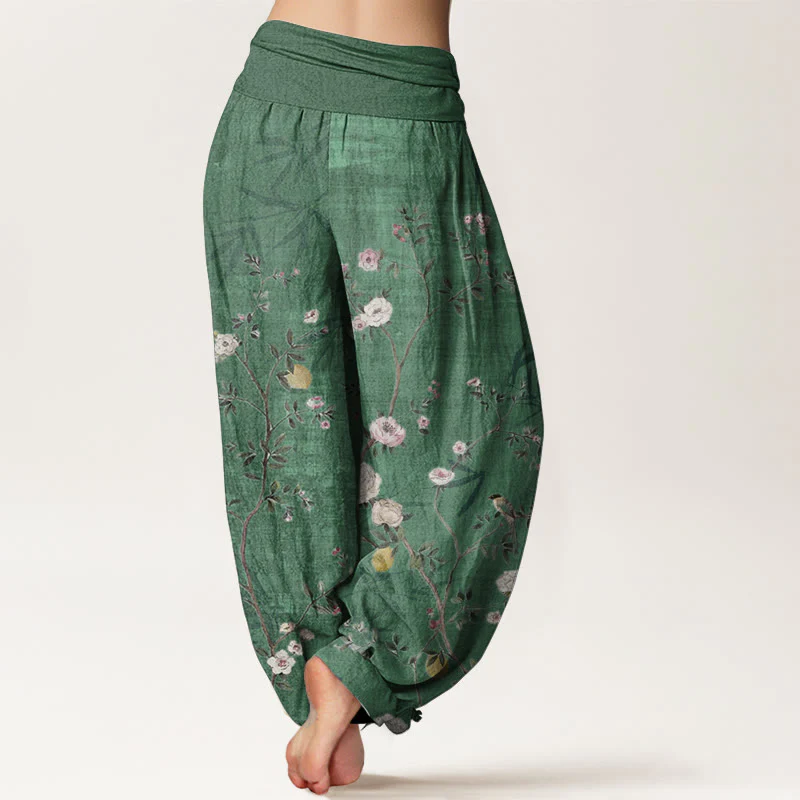 Pantaloni harem da donna con elastico in vita, in puro cotone, con motivo Buddha Stones, fiori rosa e bianchi, foglie di bambù e frutta - Image 8