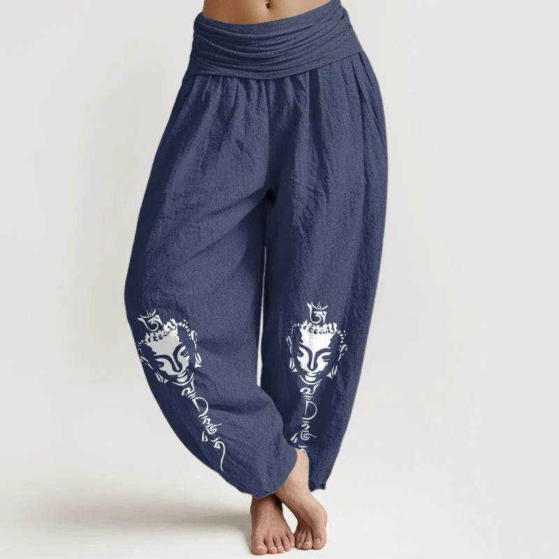 Pantaloni harem da donna con elastico in vita, in puro cotone, con motivo Buddha Stones simbolo Om conciso