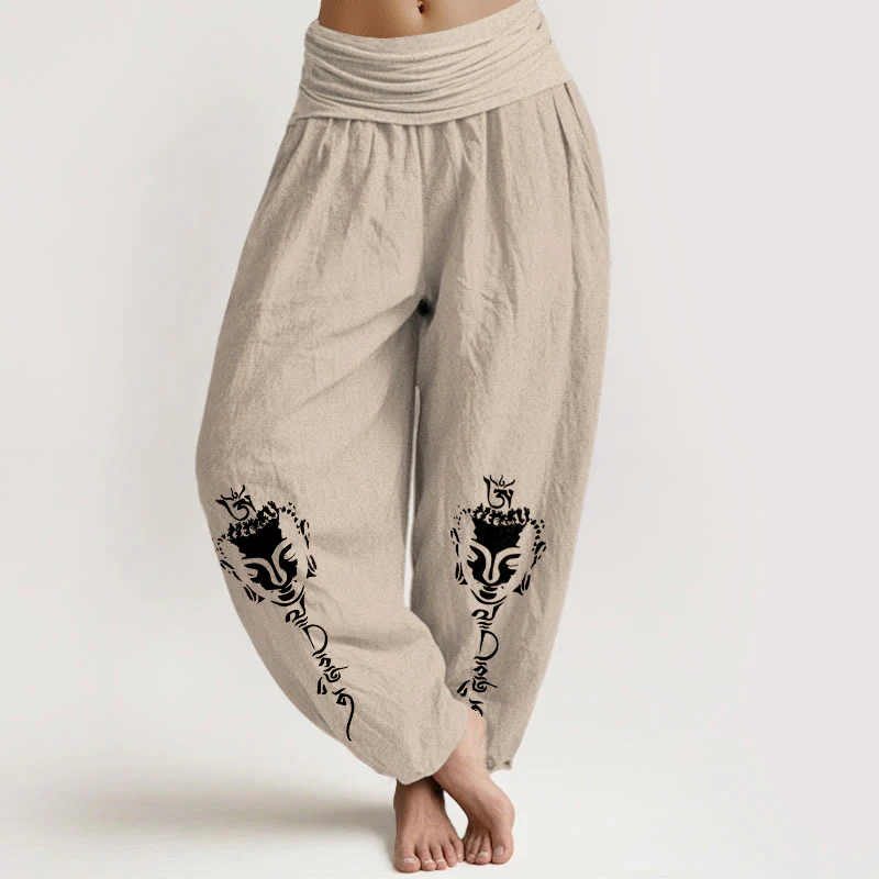 Pantaloni harem da donna con elastico in vita, in puro cotone, con motivo Buddha Stones simbolo Om conciso - Image 12