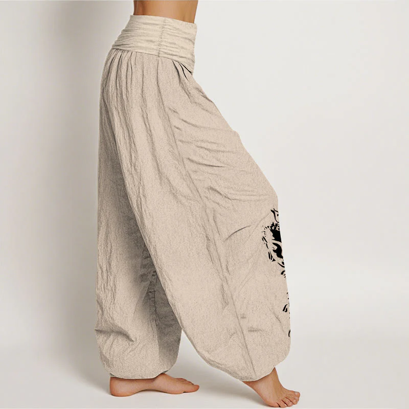 Pantaloni harem da donna con elastico in vita, in puro cotone, con motivo Buddha Stones simbolo Om conciso - Image 14