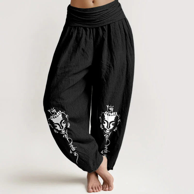 Pantaloni harem da donna con elastico in vita, in puro cotone, con motivo Buddha Stones simbolo Om conciso - Image 6