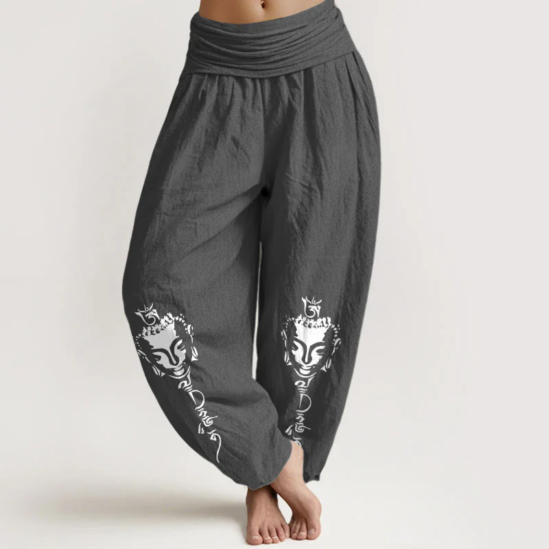 Pantaloni harem da donna con elastico in vita, in puro cotone, con motivo Buddha Stones simbolo Om conciso - Image 9