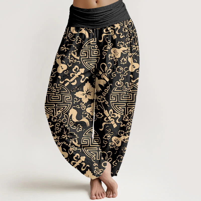 Pantaloni harem da donna con elastico in vita, in puro cotone, con motivo cinese a zucca Buddha Stones