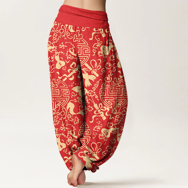 Pantaloni harem da donna con elastico in vita, in puro cotone, con motivo cinese a zucca Buddha Stones - Image 10
