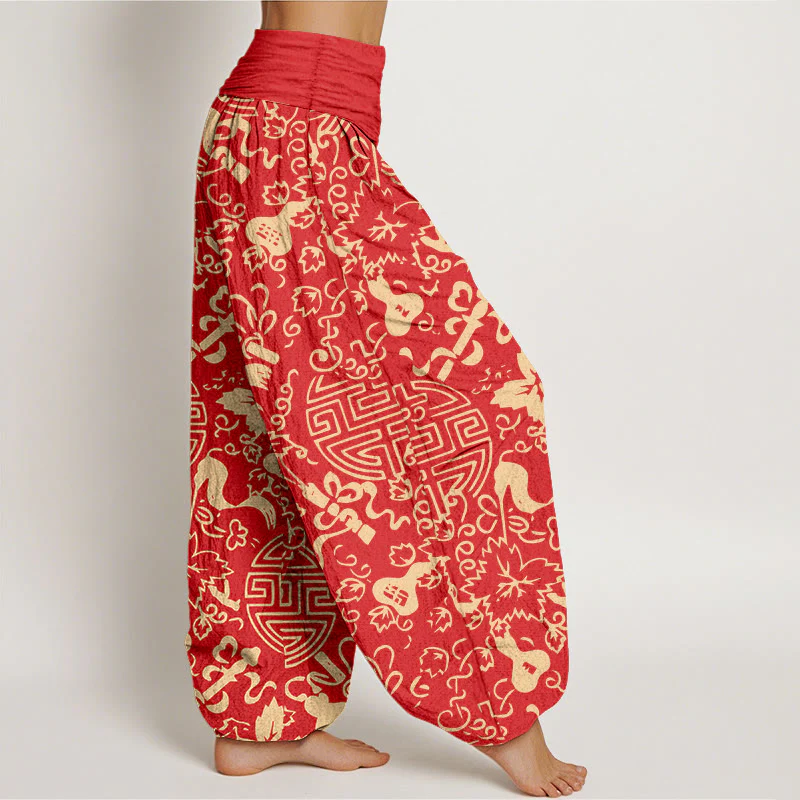 Pantaloni harem da donna con elastico in vita, in puro cotone, con motivo cinese a zucca Buddha Stones - Image 11