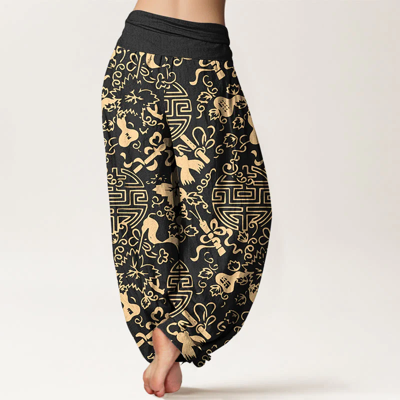 Pantaloni harem da donna con elastico in vita, in puro cotone, con motivo cinese a zucca Buddha Stones - Image 2