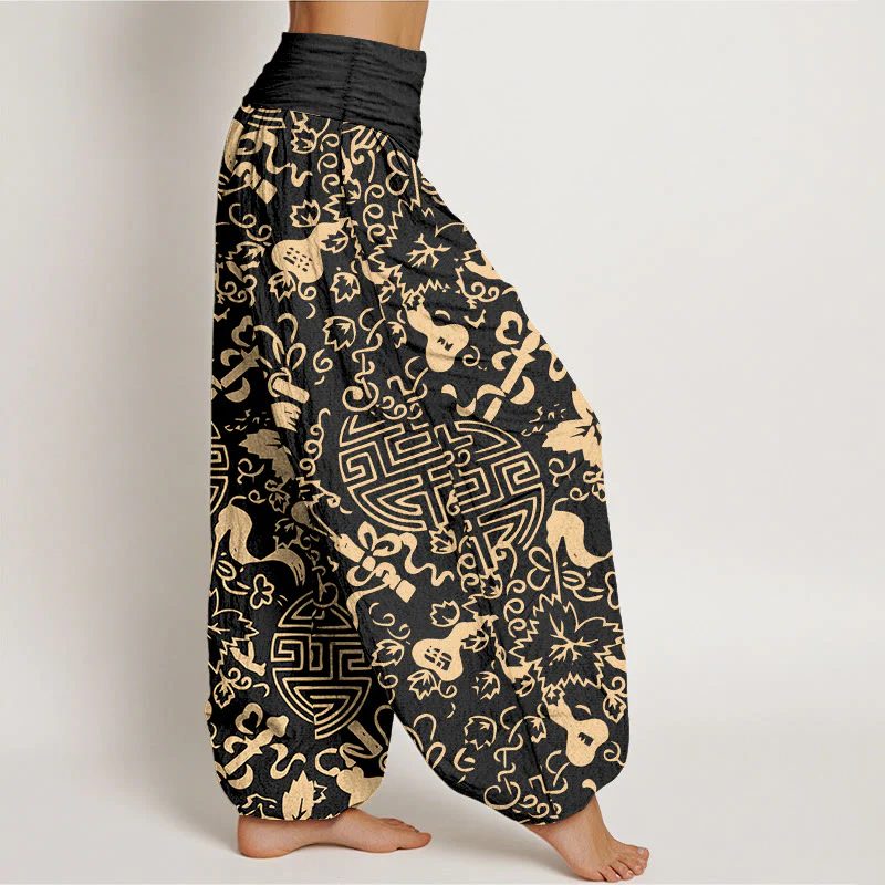Pantaloni harem da donna con elastico in vita, in puro cotone, con motivo cinese a zucca Buddha Stones - Image 3