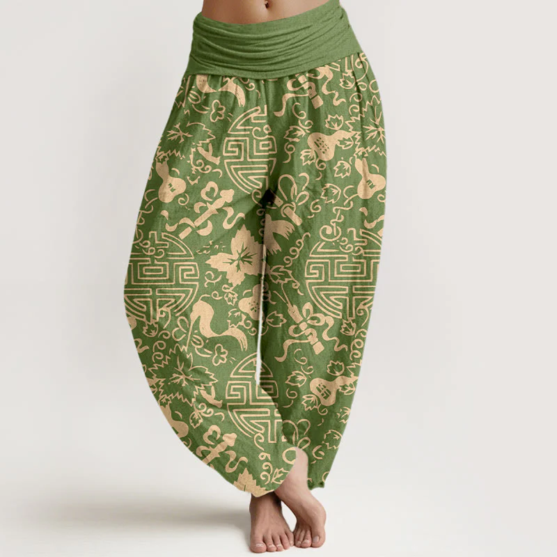 Pantaloni harem da donna con elastico in vita, in puro cotone, con motivo cinese a zucca Buddha Stones - Image 6